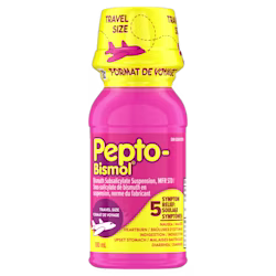 Pink 100mL travel size Pepto-Bismol liquid bottle with yellow cap featuring airplane graphics for 5-symptom digestive relief.