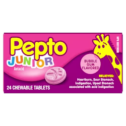 Pepto Junior Antacid pink box with 24 bubble gum flavored chewable tablets, featuring a yellow giraffe graphic.