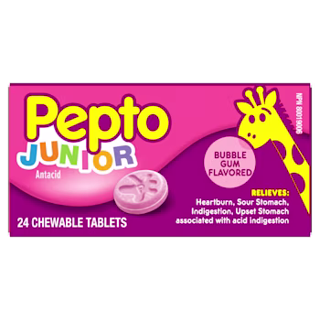 Pepto Junior Antacid pink box with 24 bubble gum flavored chewable tablets, featuring a yellow giraffe graphic.