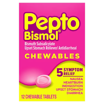 Pepto Bismol Chewables pink box, 12 tablets, providing 5 symptom relief for nausea, heartburn, indigestion, upset stomach, diarrhea.