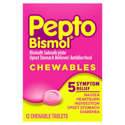 Pepto Bismol Chewables pink box, 12 tablets, providing 5 symptom relief for nausea, heartburn, indigestion, upset stomach, diarrhea.