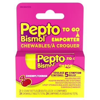 Pepto Bismol To Go cherry-flavored chewable tablets packaging, pink and yellow box with 24 tablets for 5-symptom relief.