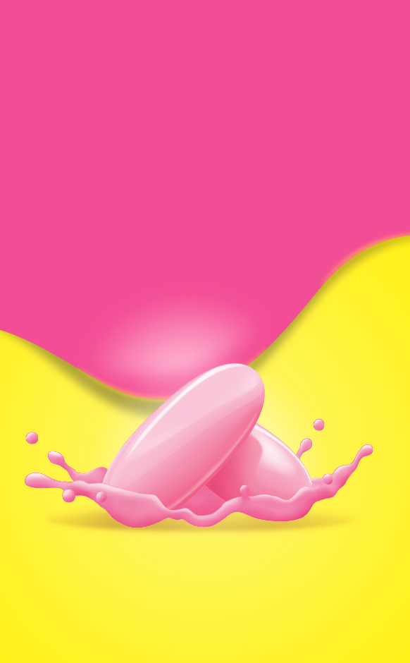 Two pink oval liquicaps splashing in pink liquid against a bright yellow and pink background.
