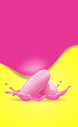 Two pink oval liquicaps splashing in pink liquid against a bright yellow and pink background.