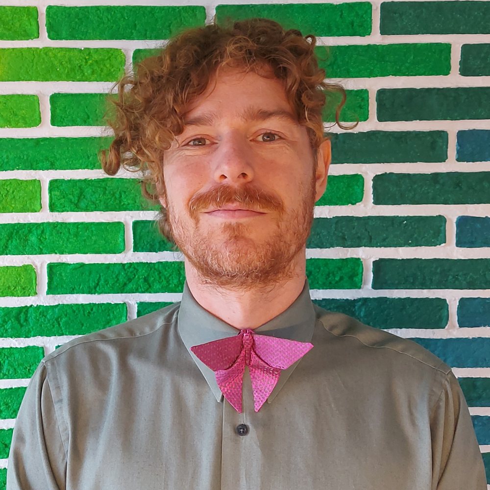 A ginger man in a green shirt and a purple origami butterfly bow tie