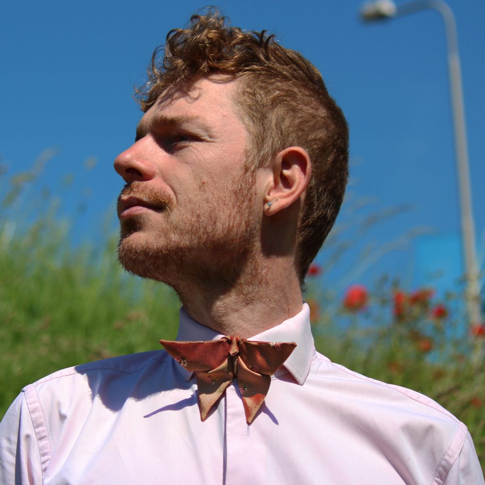 man wearing an origami butterfly bow tie