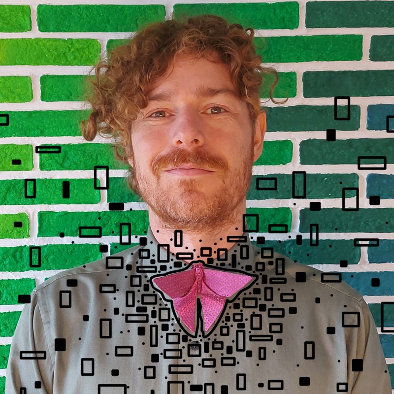 Stylized picture of a  ginger man in a green shirt and a purple origami butterfly bow tie