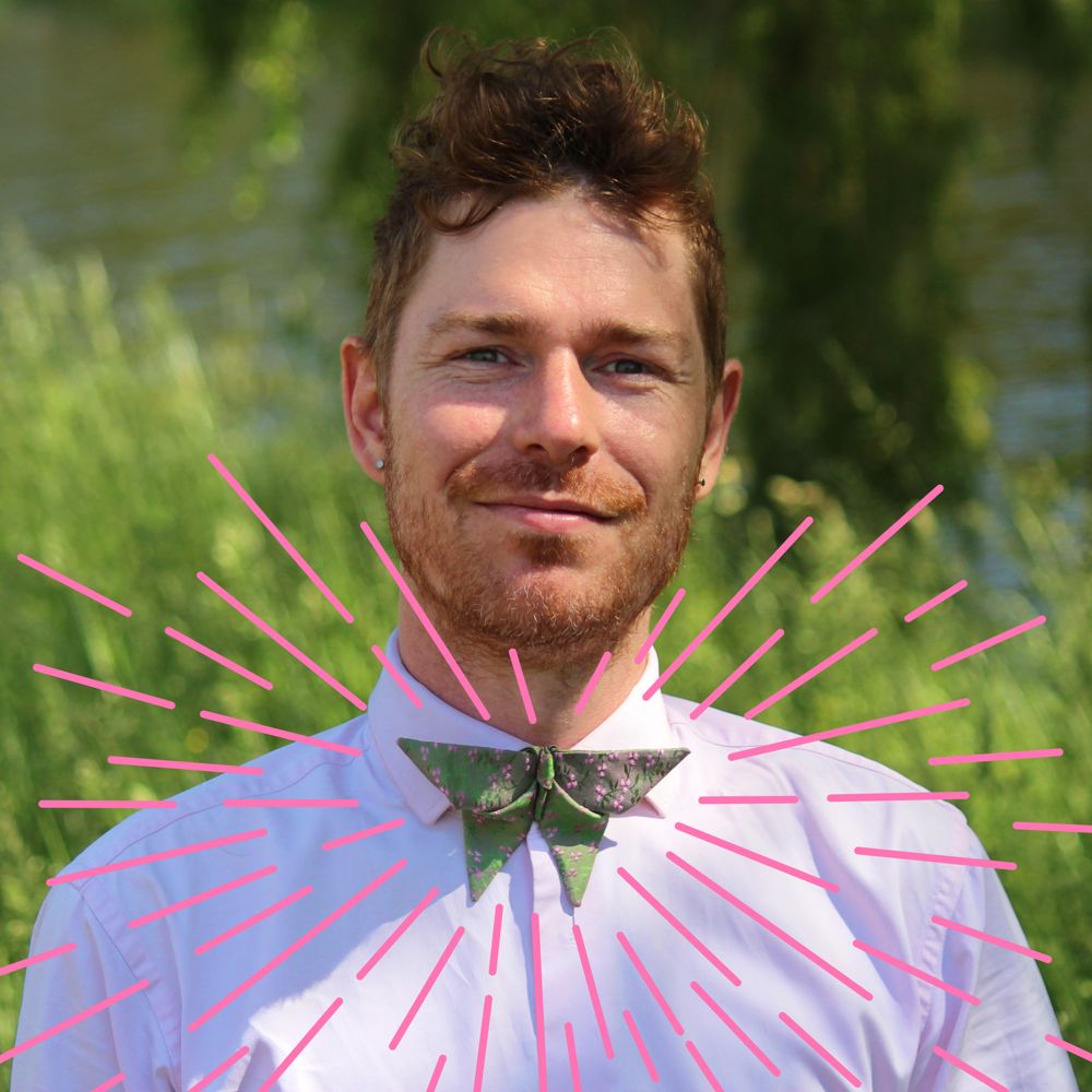 Stylised picture of a man wearing butterfly bow tie