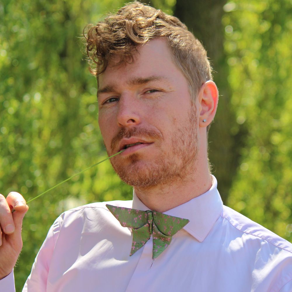 Pink berries bow tie on a man in the nature