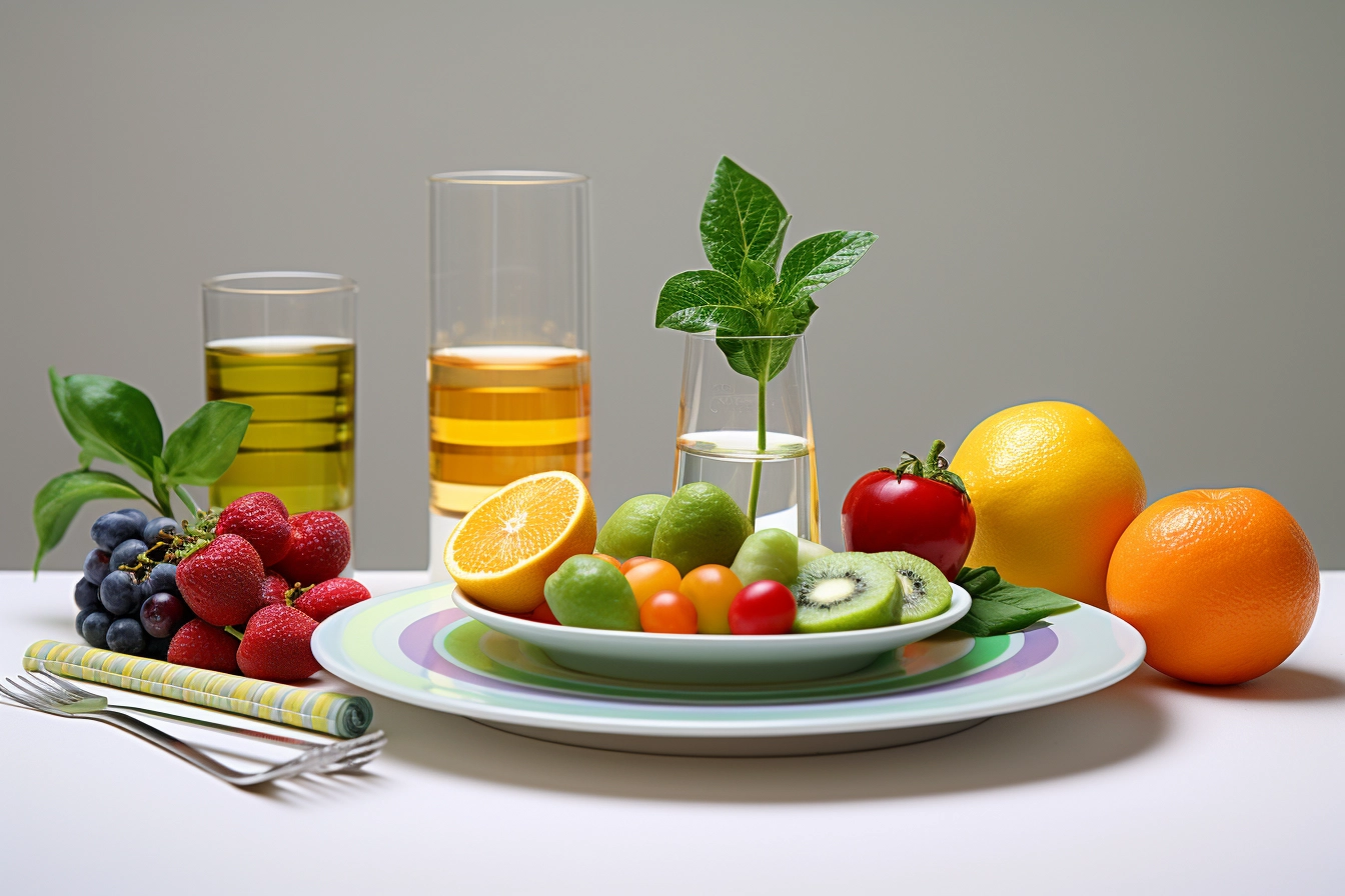 A plate of colorful fruits and vegetables arranged in a balanced manner on a white tablecloth, with a glass of water and a measuring tape nearby.