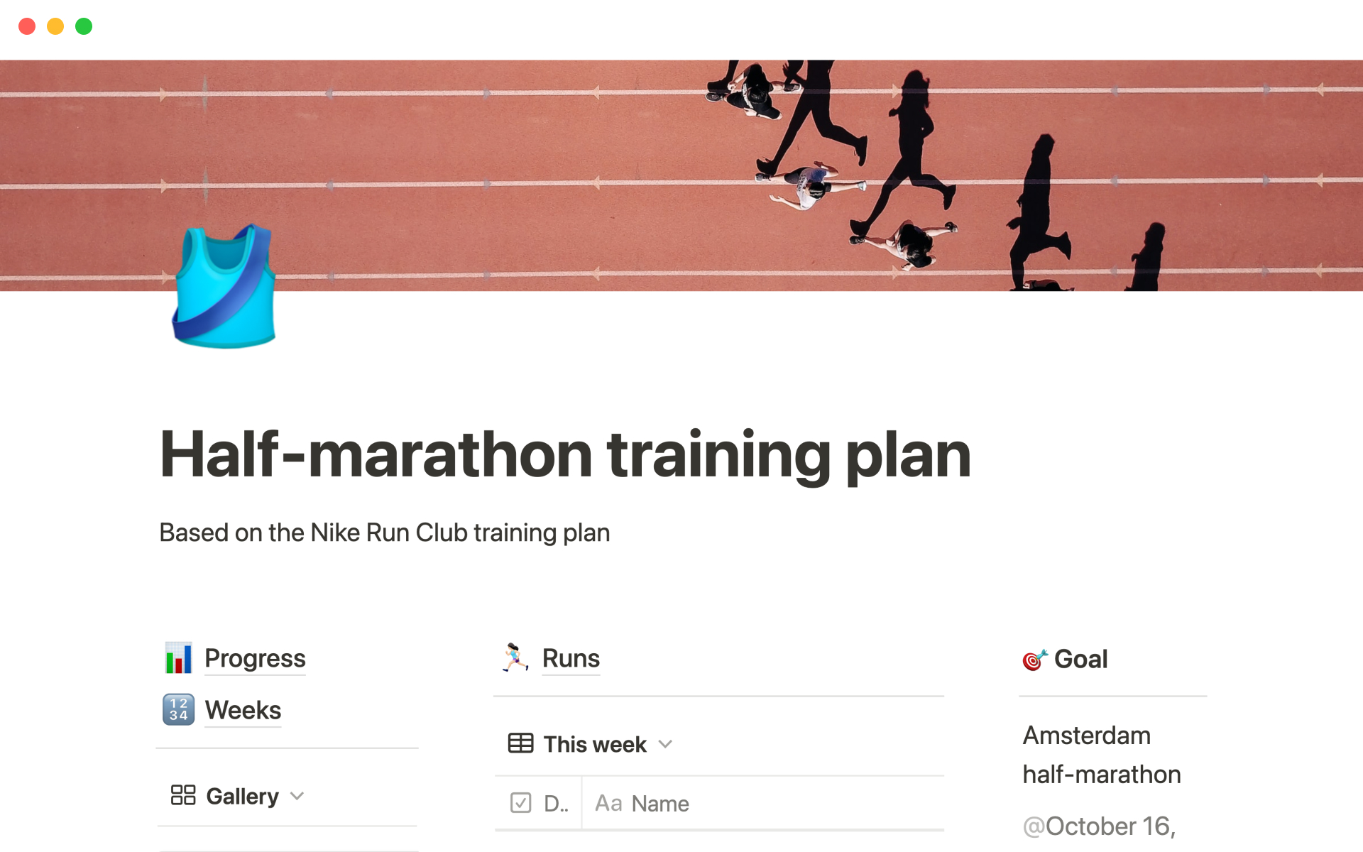 Notion Template Gallery NRC half-marathon training plan