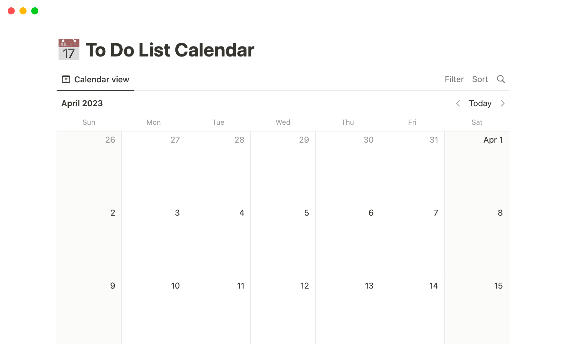 Galería de plantillas de Notion To Do List Calendar