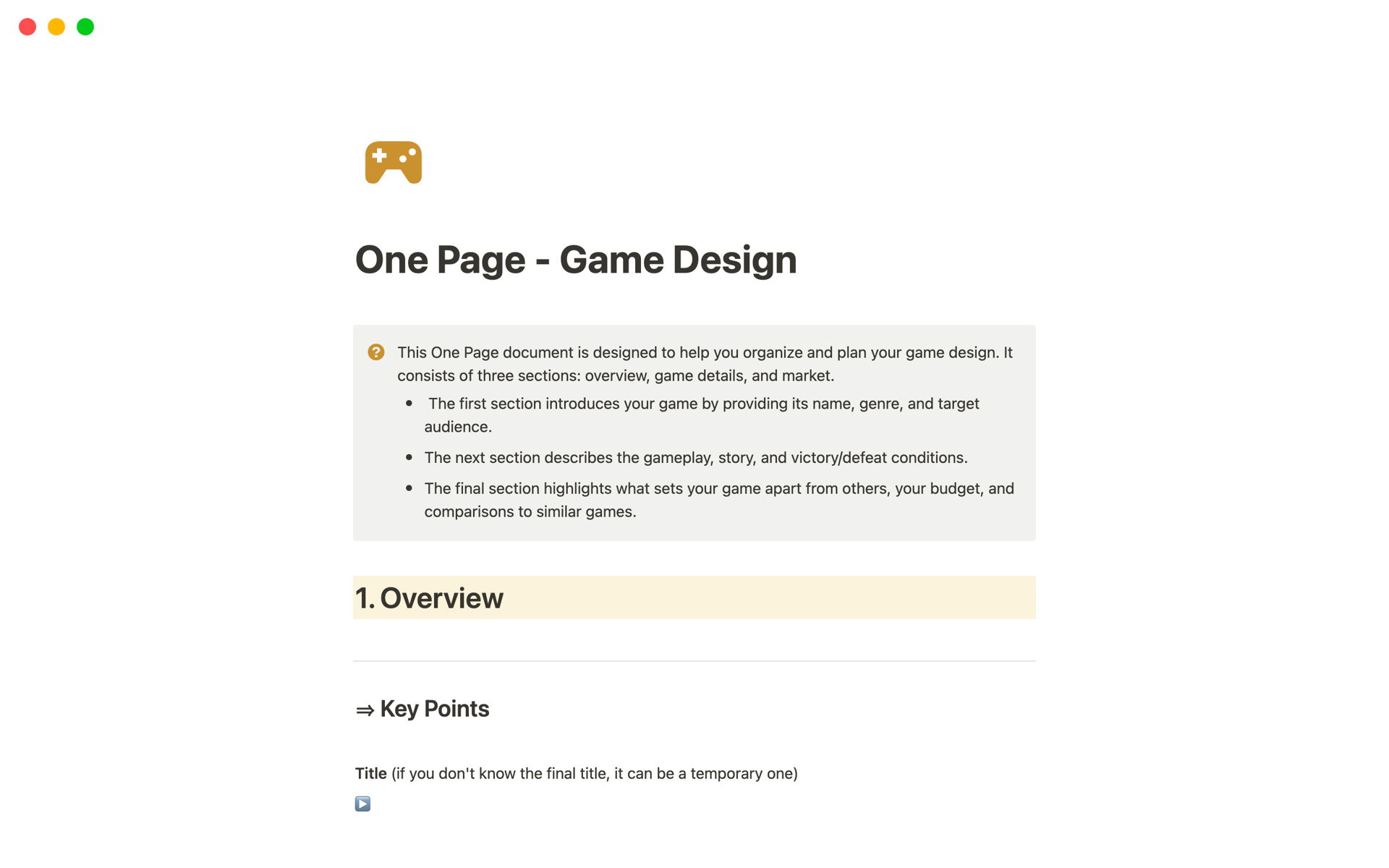 One Page - Game Design | Notion Template