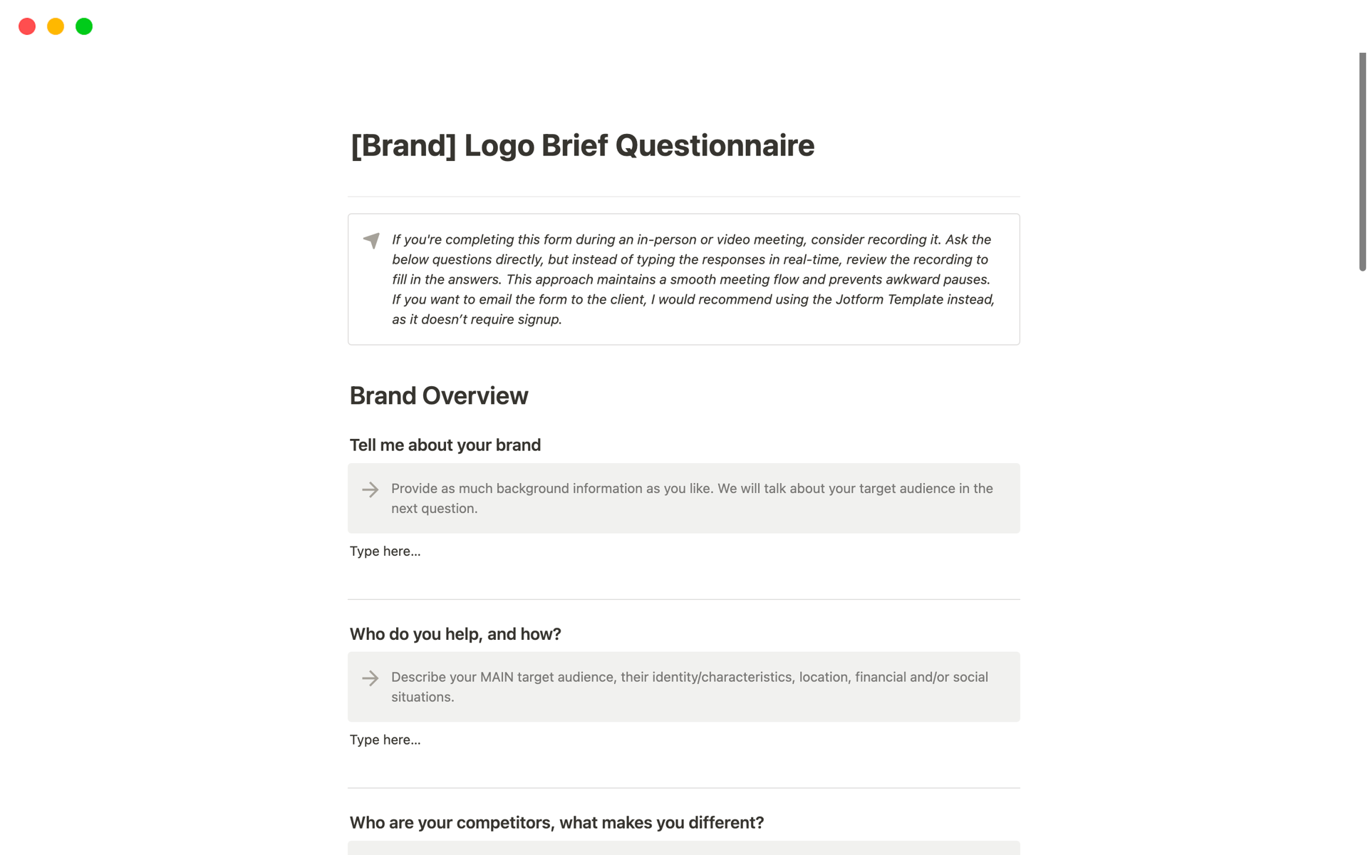 Galeria de modelos do Notion — Logo Brief Questionnaire Kit