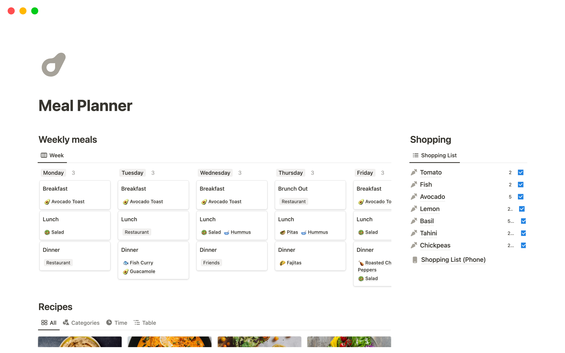 Meal Planner  Notion Template