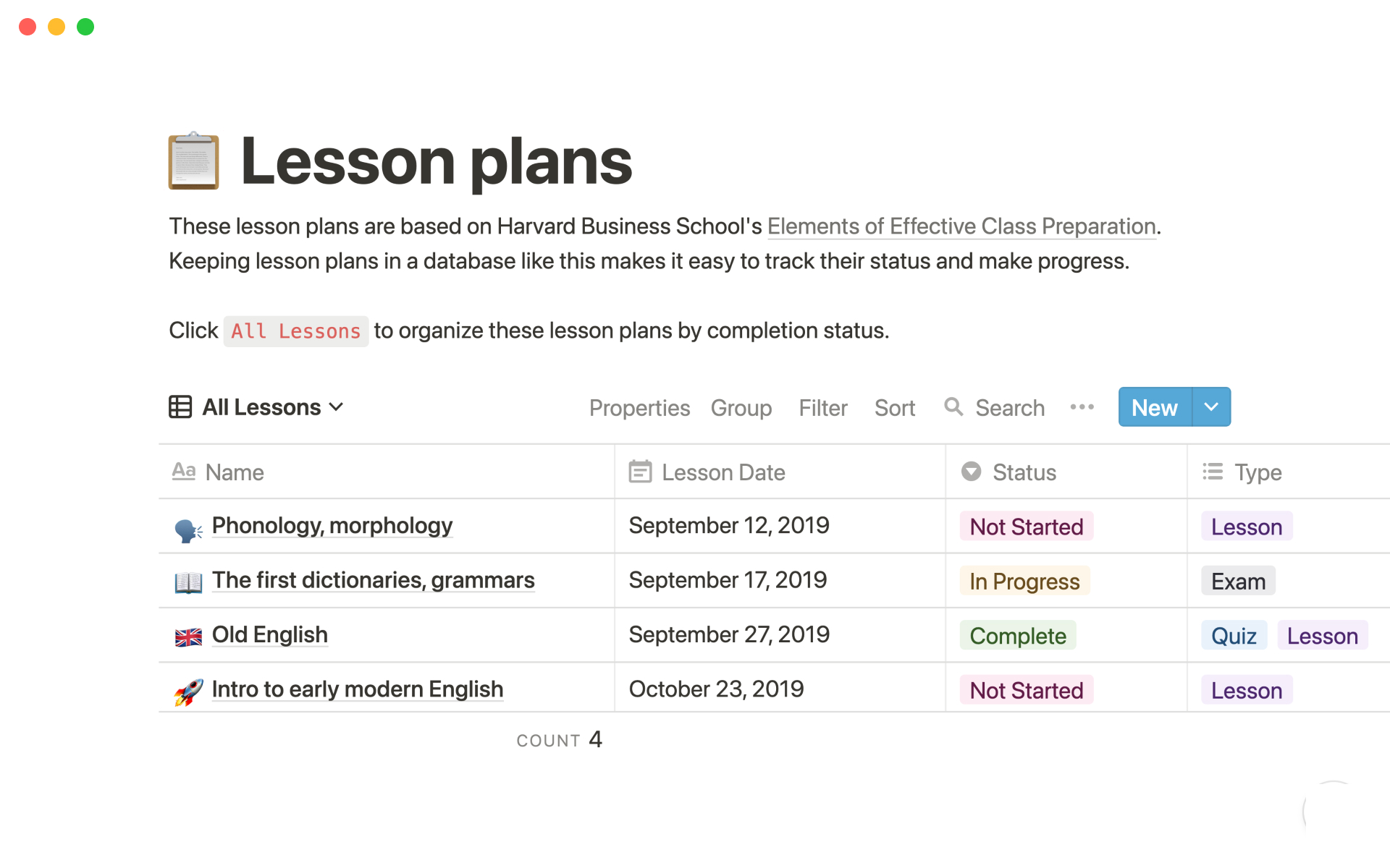 Notion Template Gallery Lesson plans