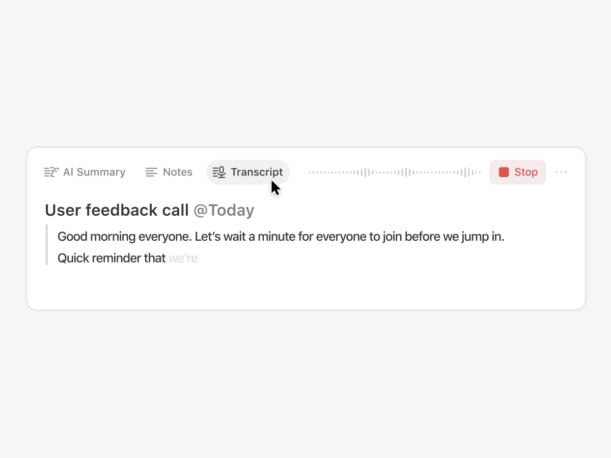 An animation depicting Notion AI transcribing a meeting and then creating an AI summary of its contents.
