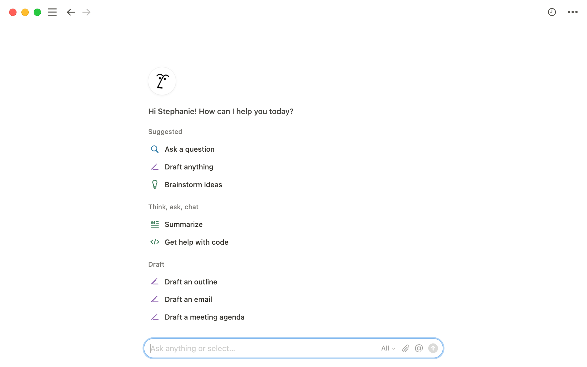 Official Notion AI screenshot showing the writer view with ask, draft, brainstorm, summarize, and code-help actions