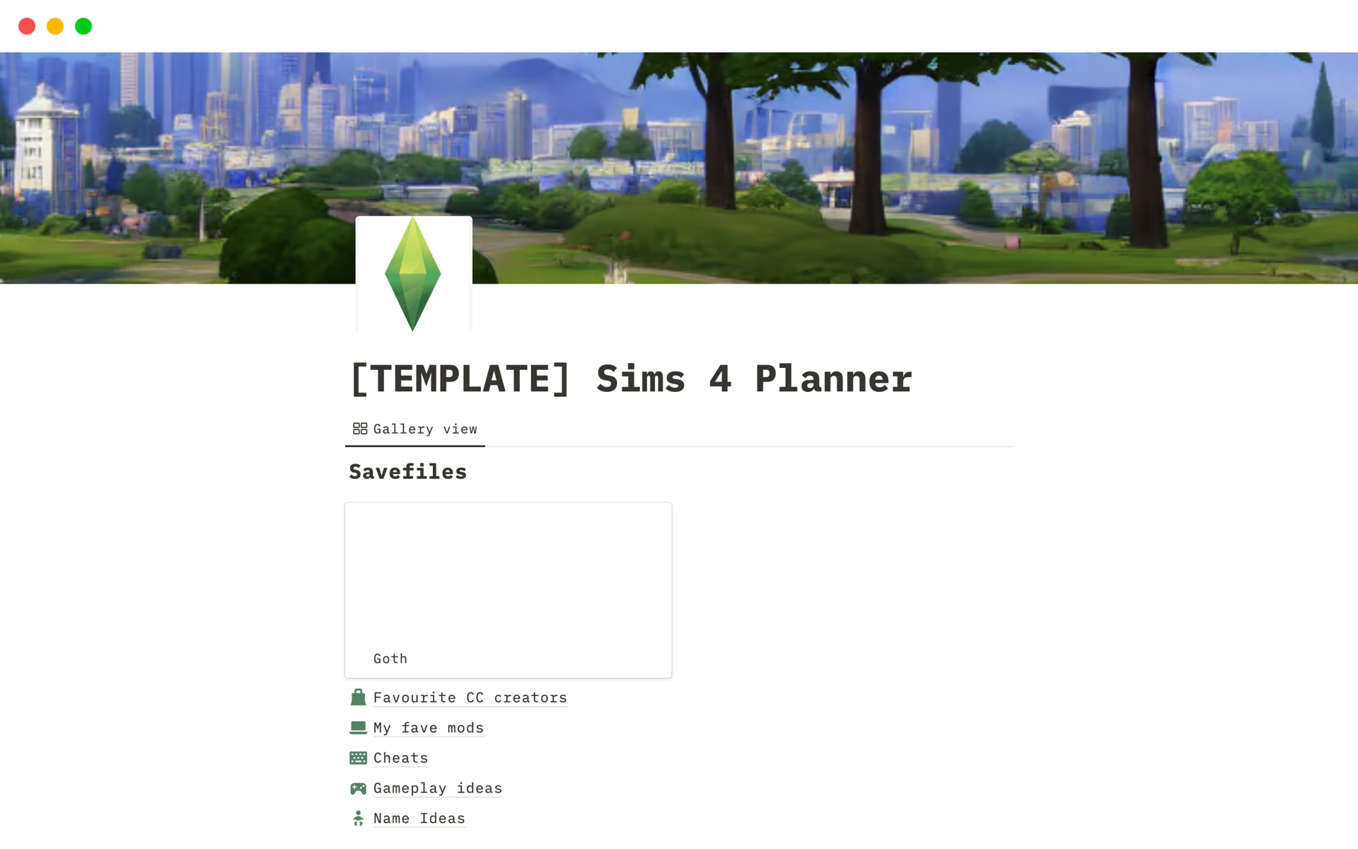 Galeria de modelos do Notion — Sims 4 Planner