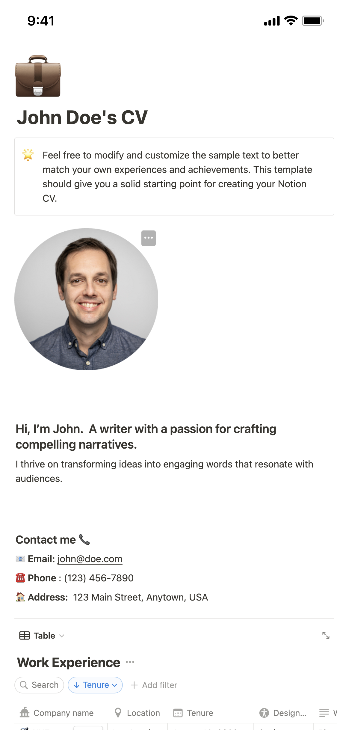 John Doe's CV  Notion Template