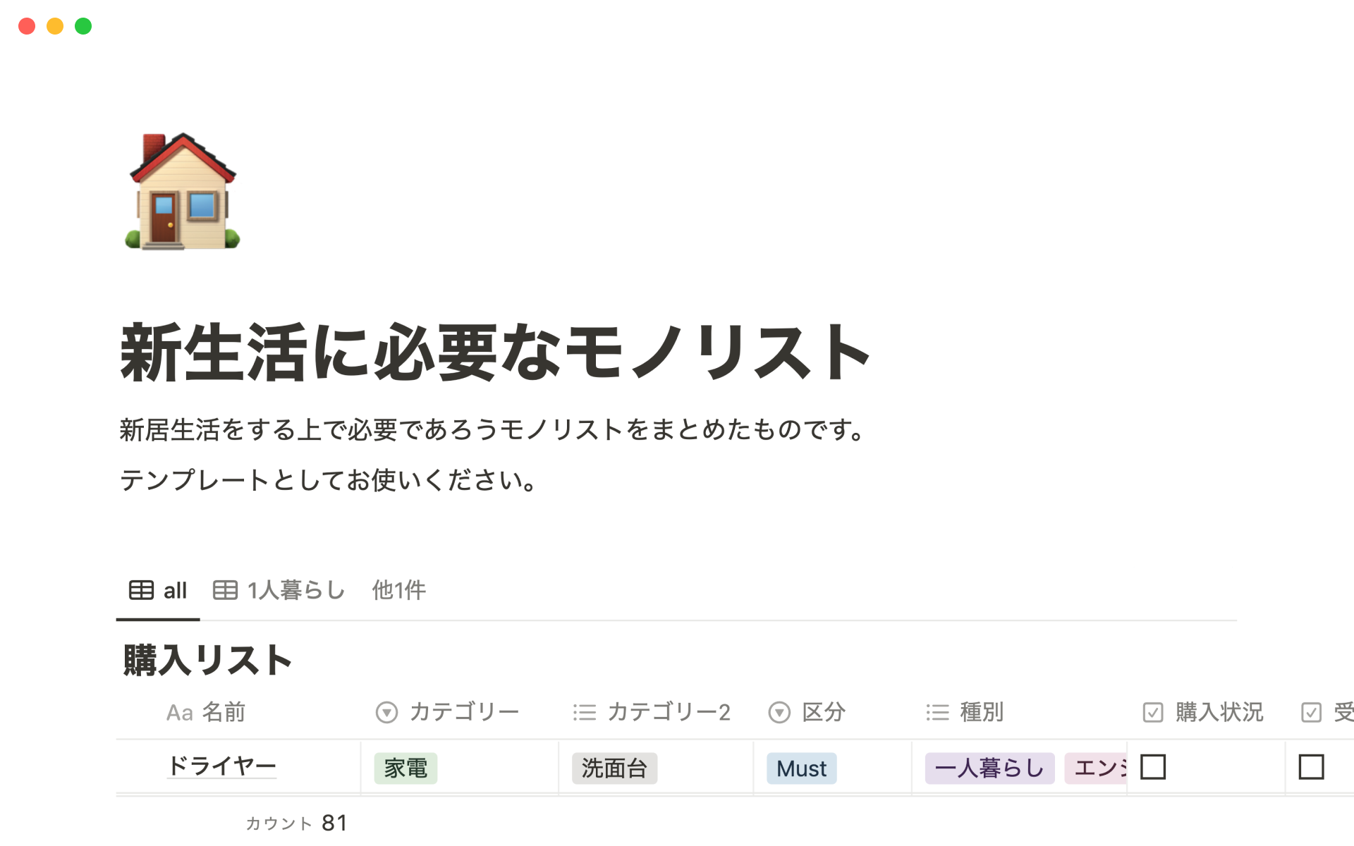 新生活に必要なモノリストテンプレート・作成者：mori.moriwo | Notion