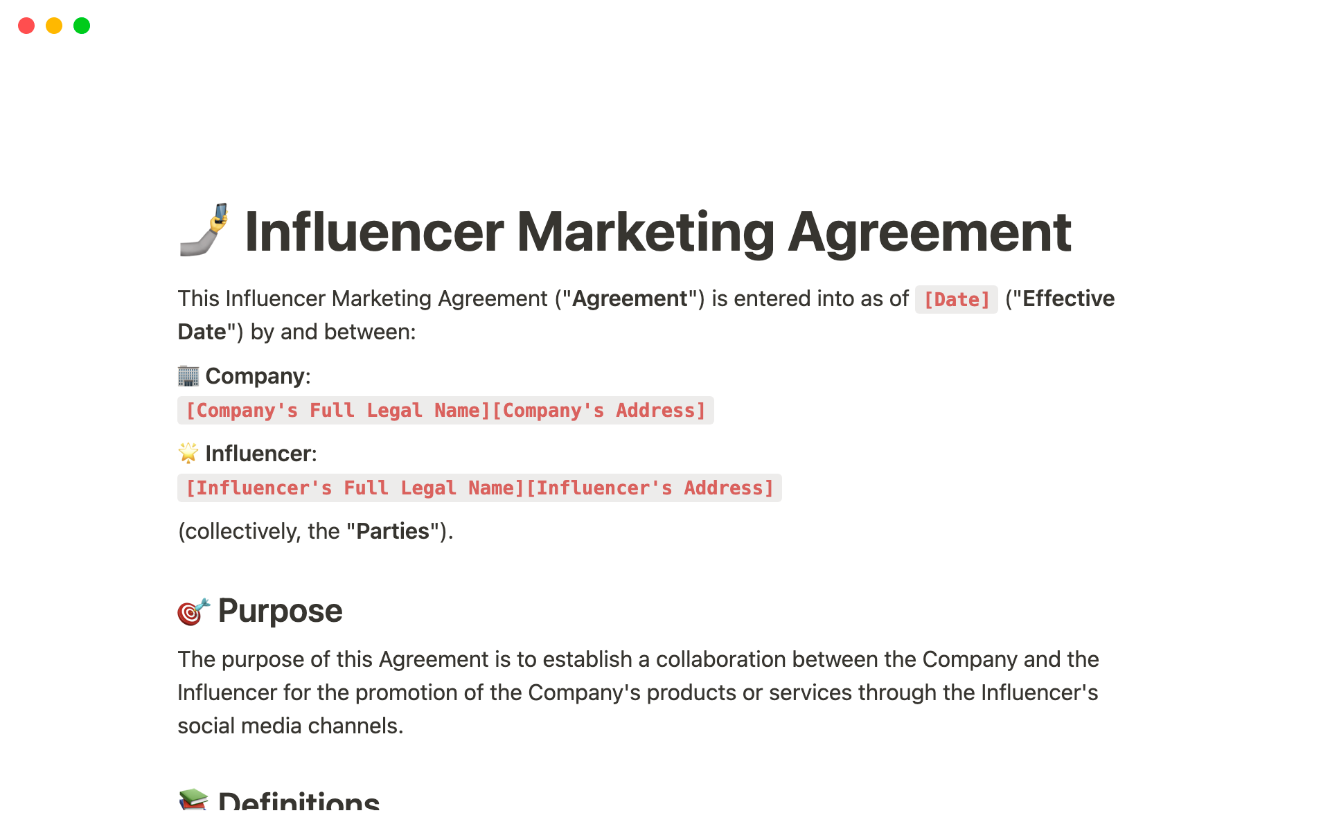 Galería de plantillas de Notion Influencer Marketing Agreement