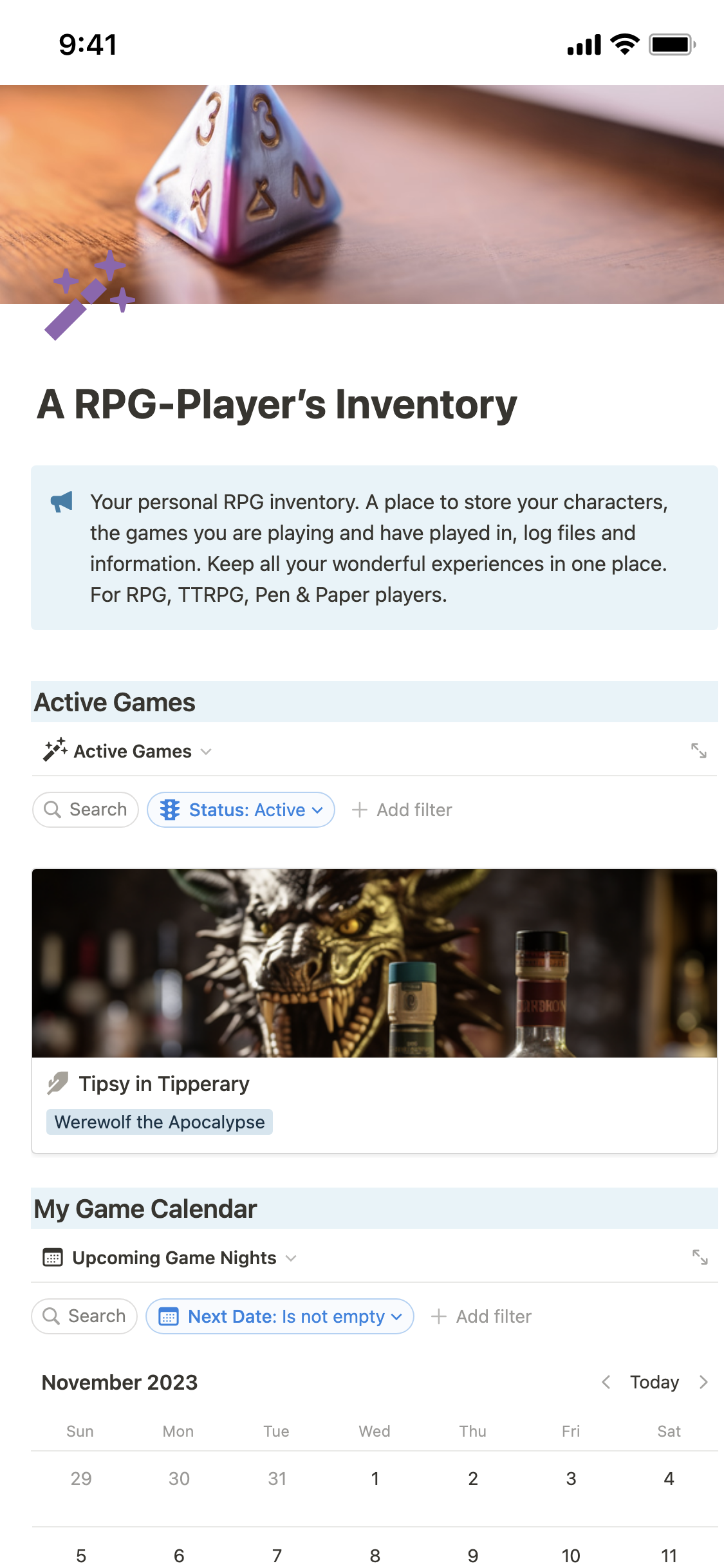 Galeria de modelos do Notion — Multi-Campaign RPG