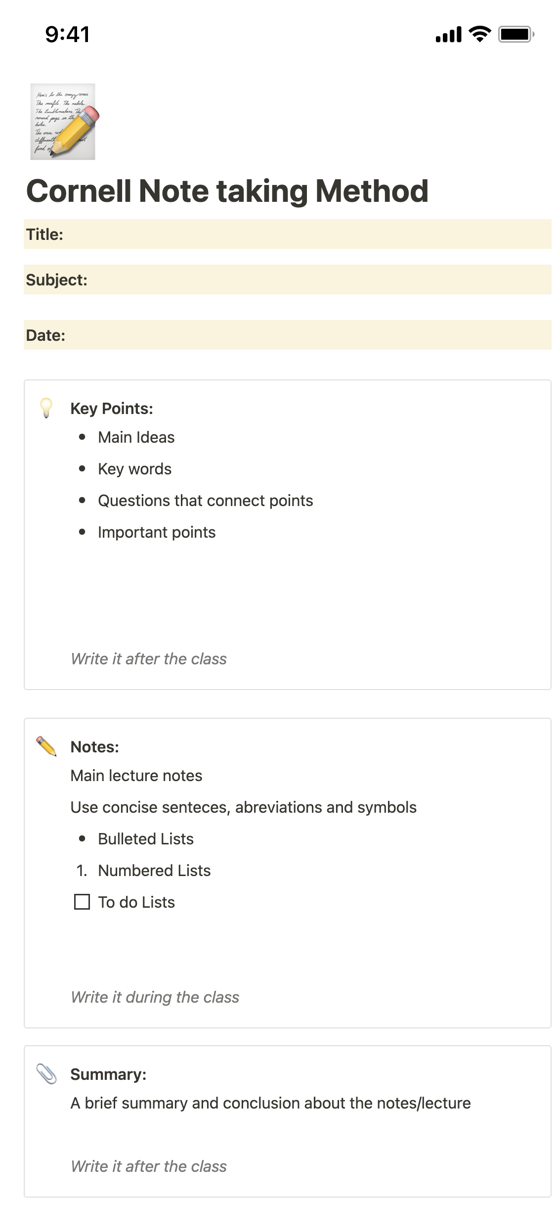 Cornell Note Taking Method - Introduction and Template