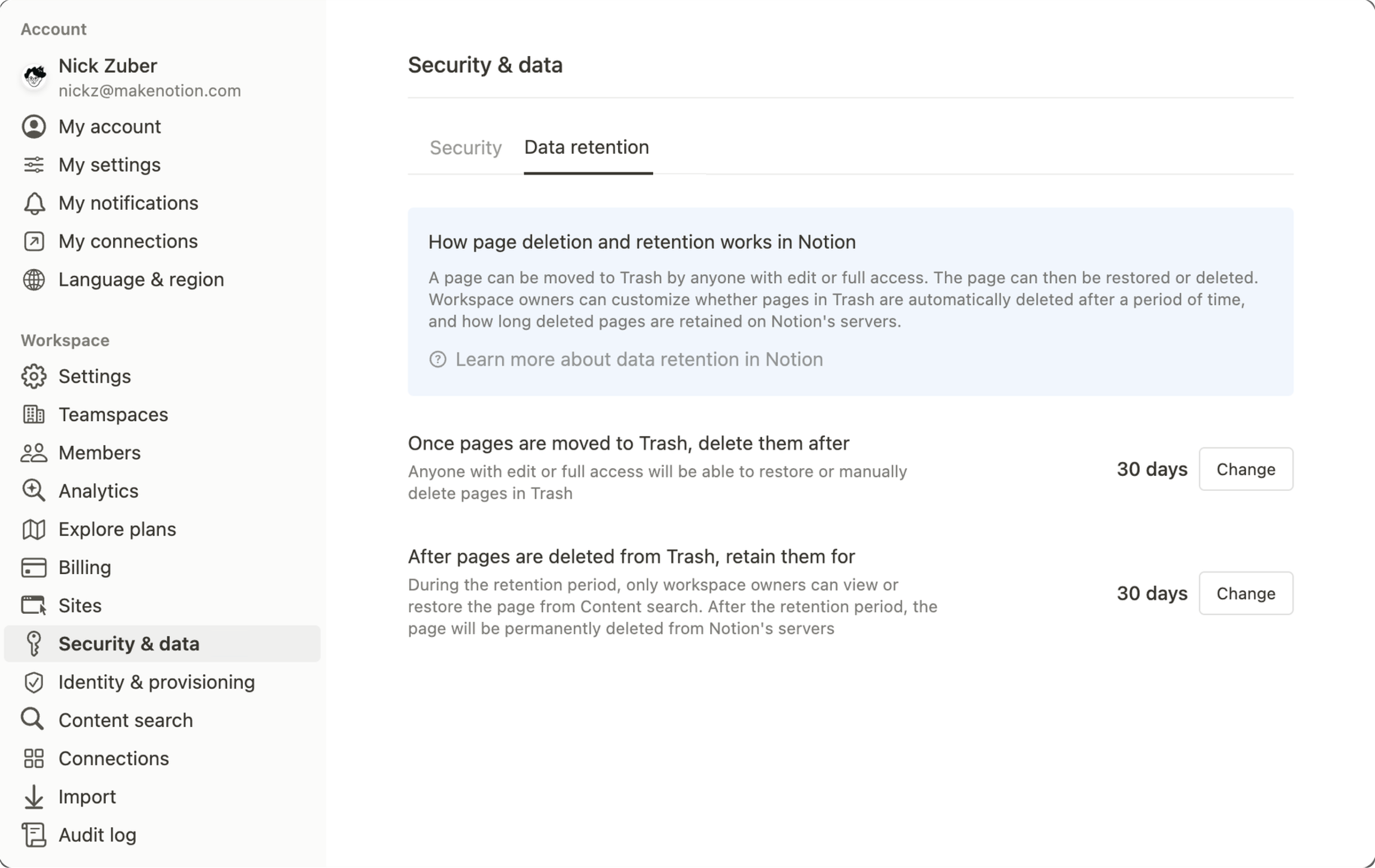 Custom data retention settings – Notion Help Center