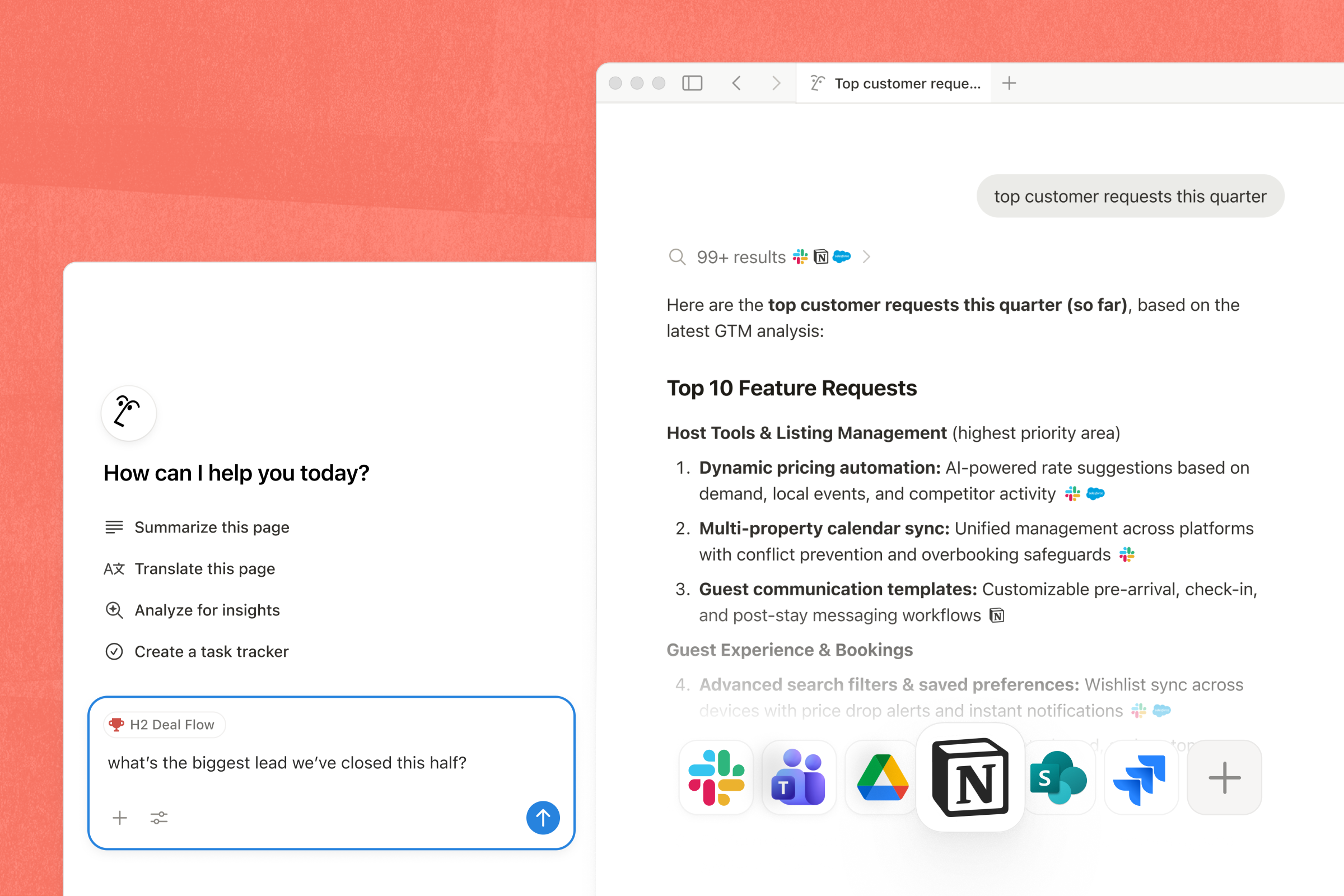 Notion product interface showing a workspace search experience with connected knowledge and organized content.
