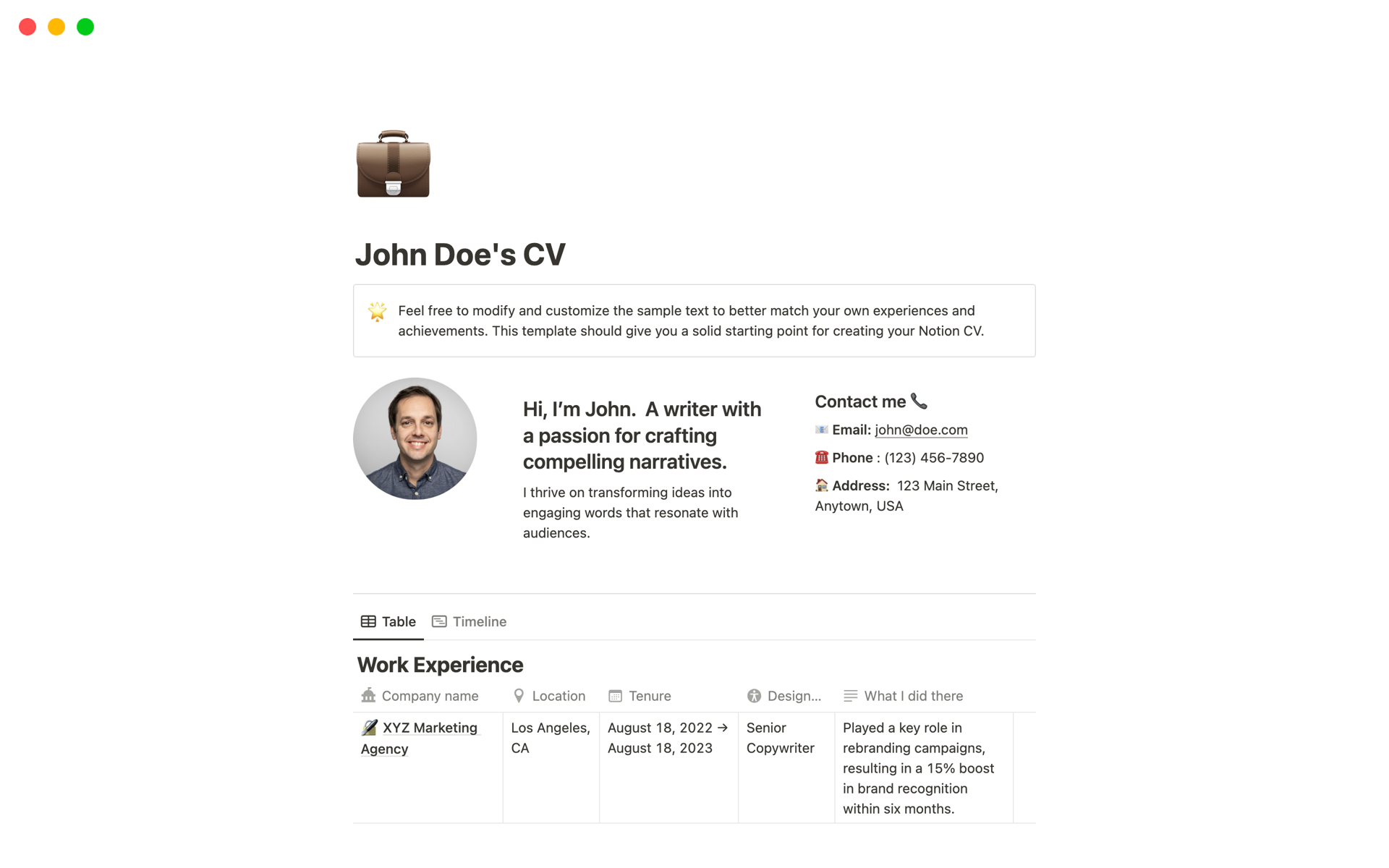 John Doe's CV  Notion Template