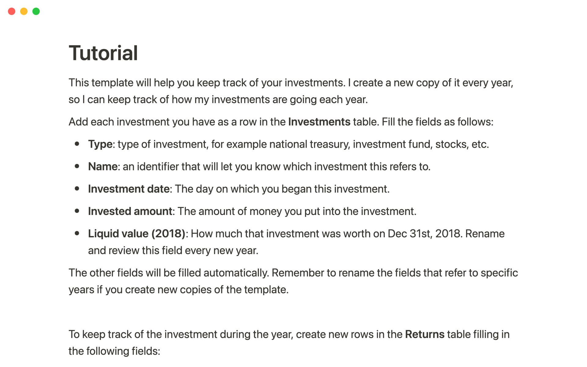 keeping track of returns