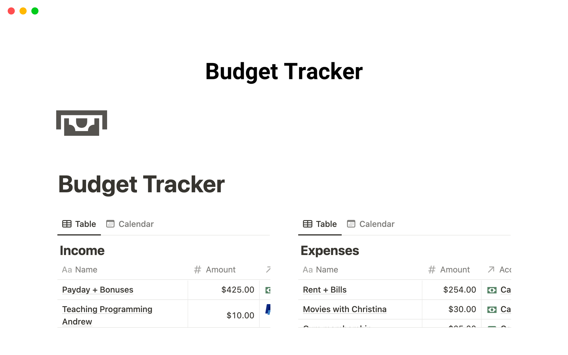 Notion Template Gallery Budget Tracker