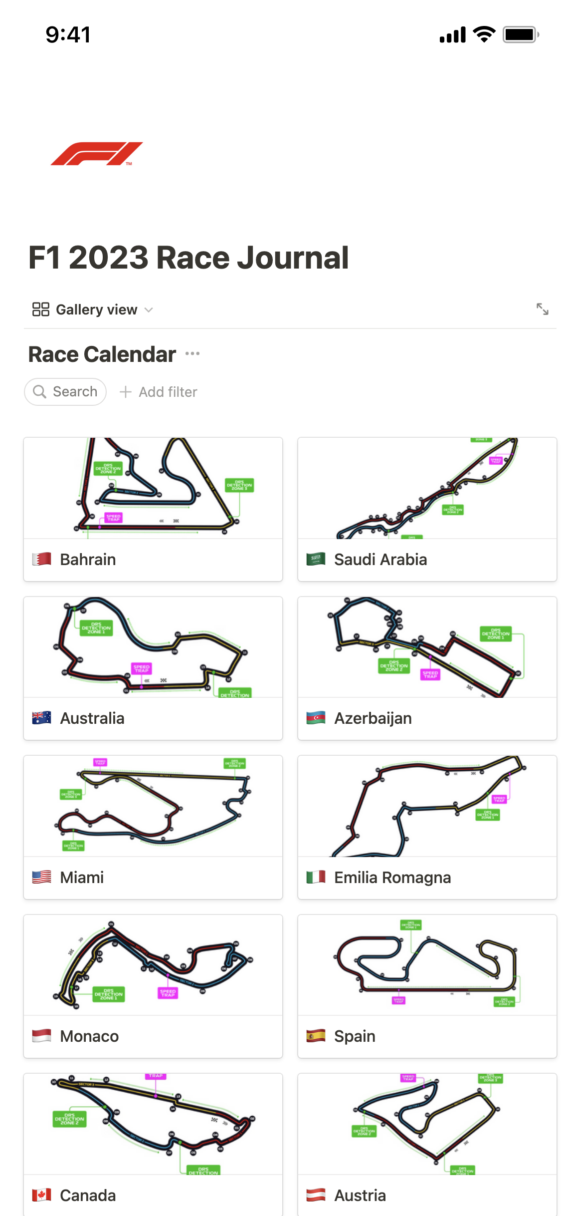 Formula 1 Race Journal Notion Template