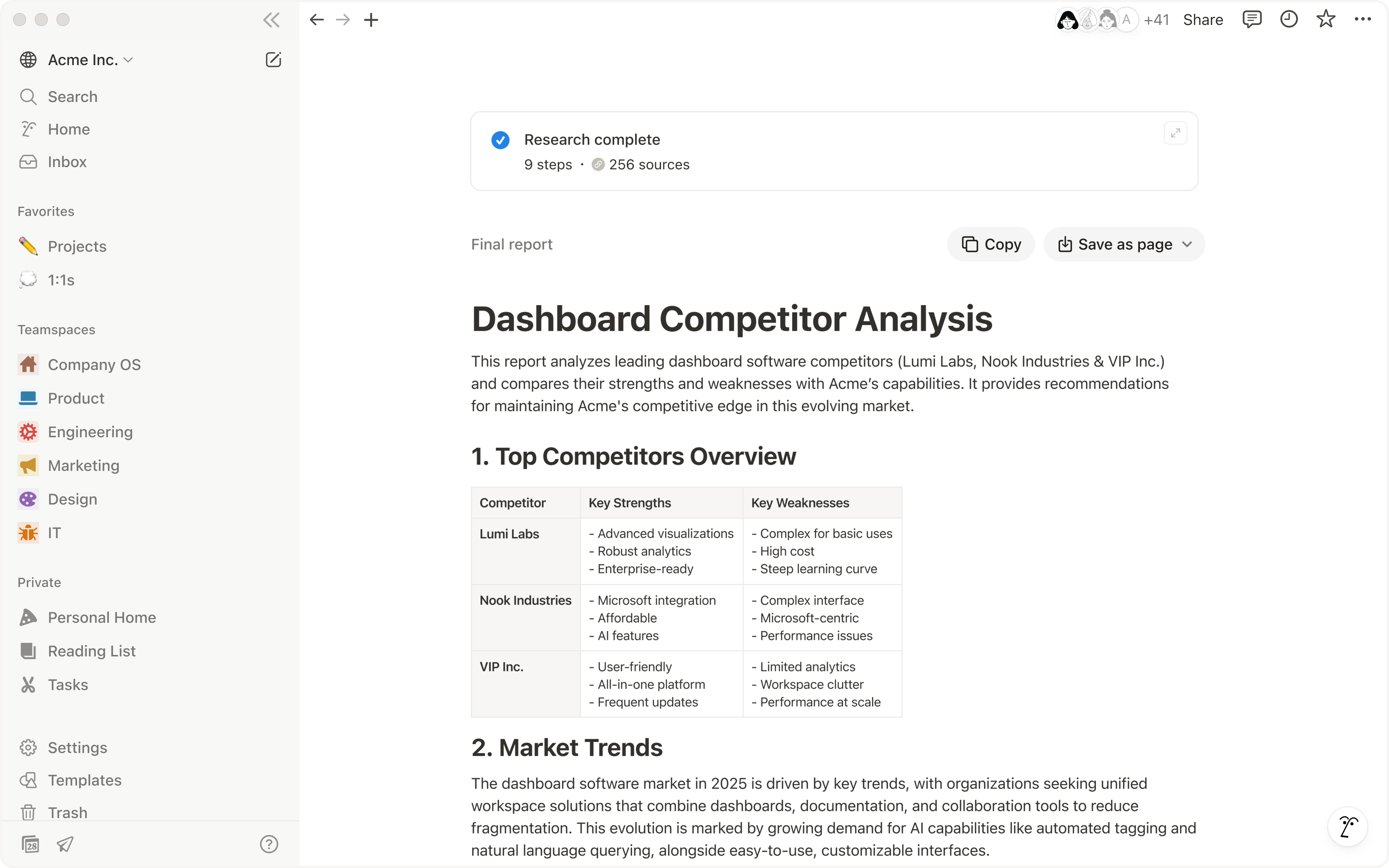 Official Notion screenshot of a Research complete banner above a page titled Dashboard Competitor Analysis with a comparison table, shown inside the Notion sidebar and page chrome
