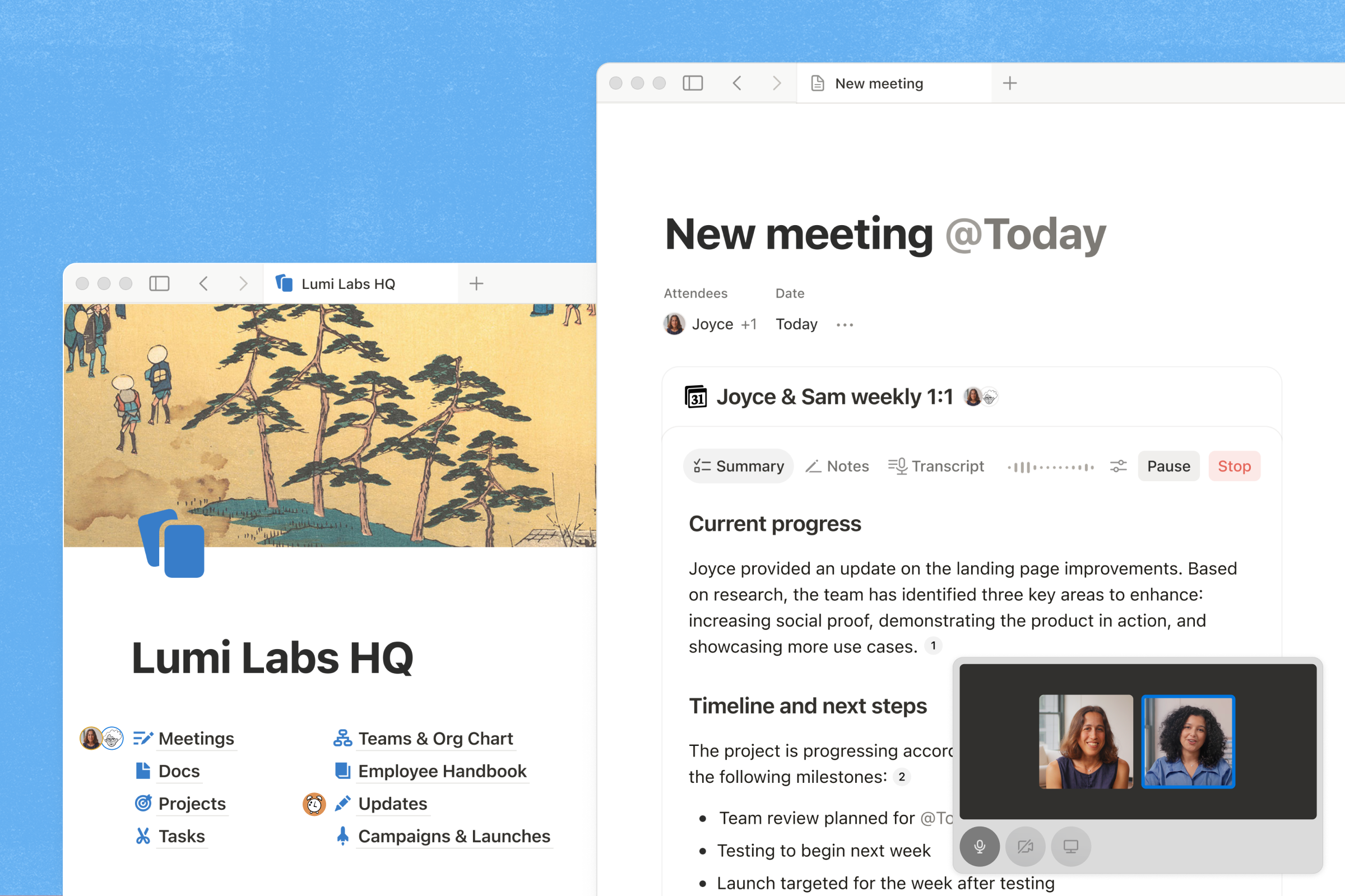 Notion workspace with a left navigation sidebar and a central team knowledge page containing meeting notes and linked documents.