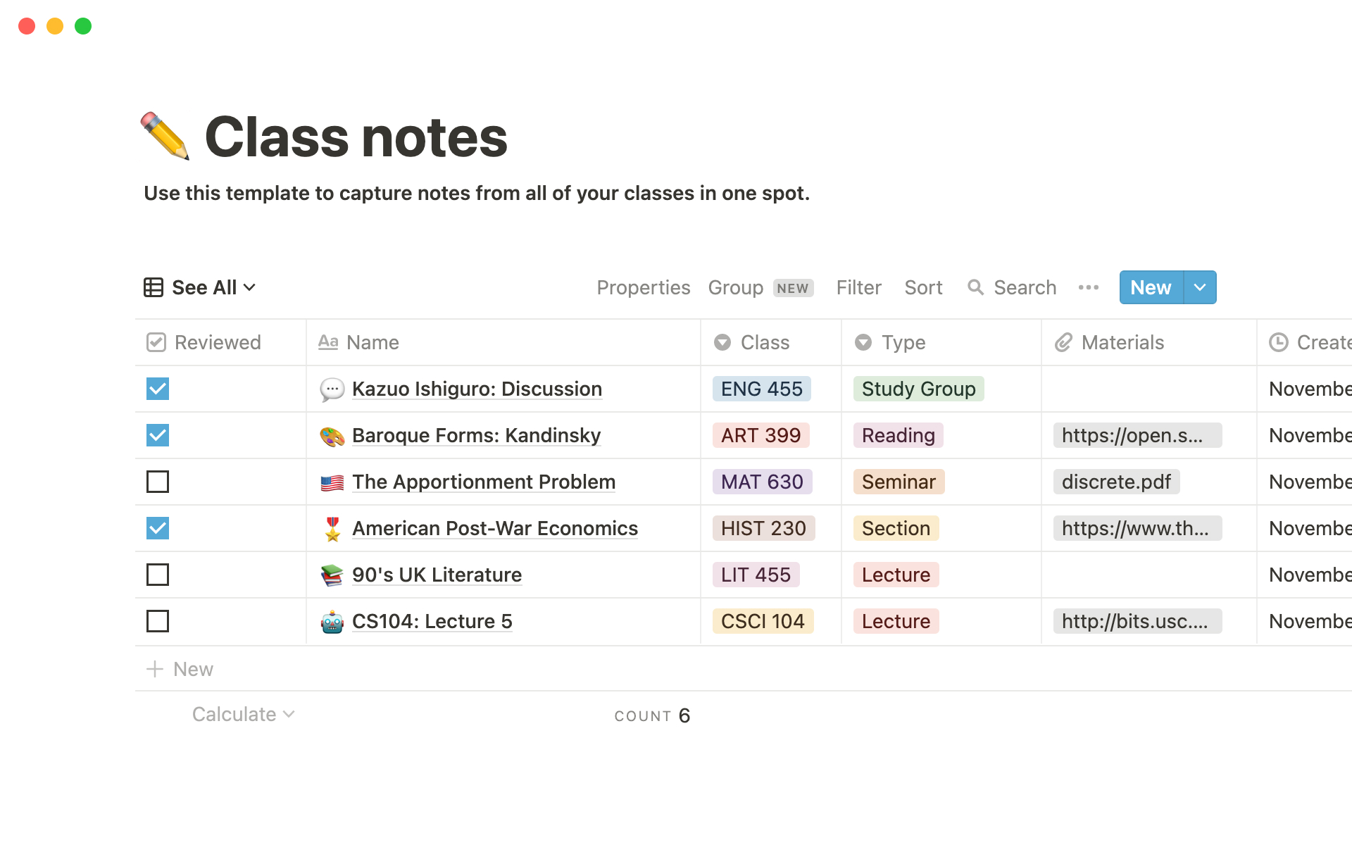 notion class schedule template