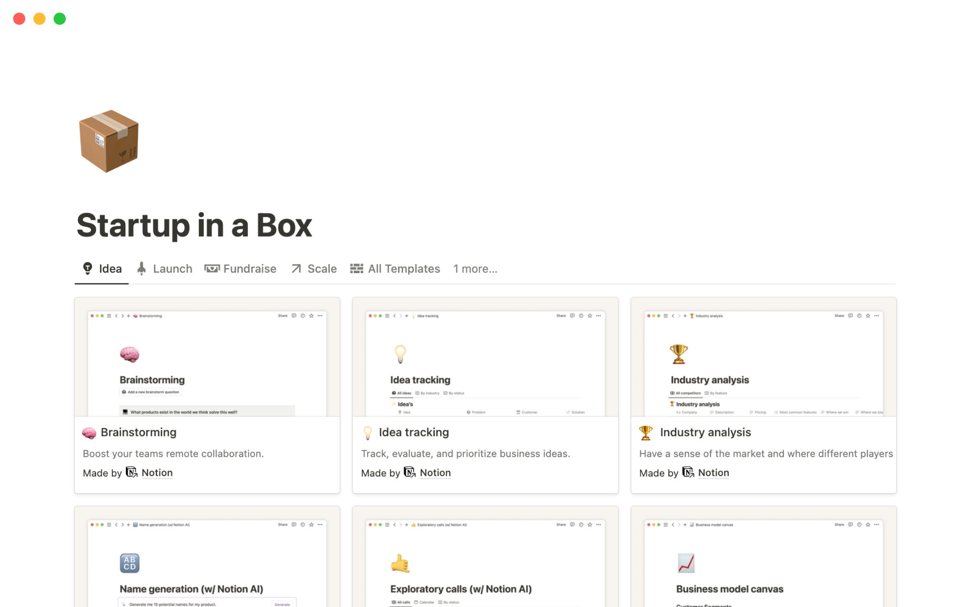 Notion Template Gallery – Startup In A Box