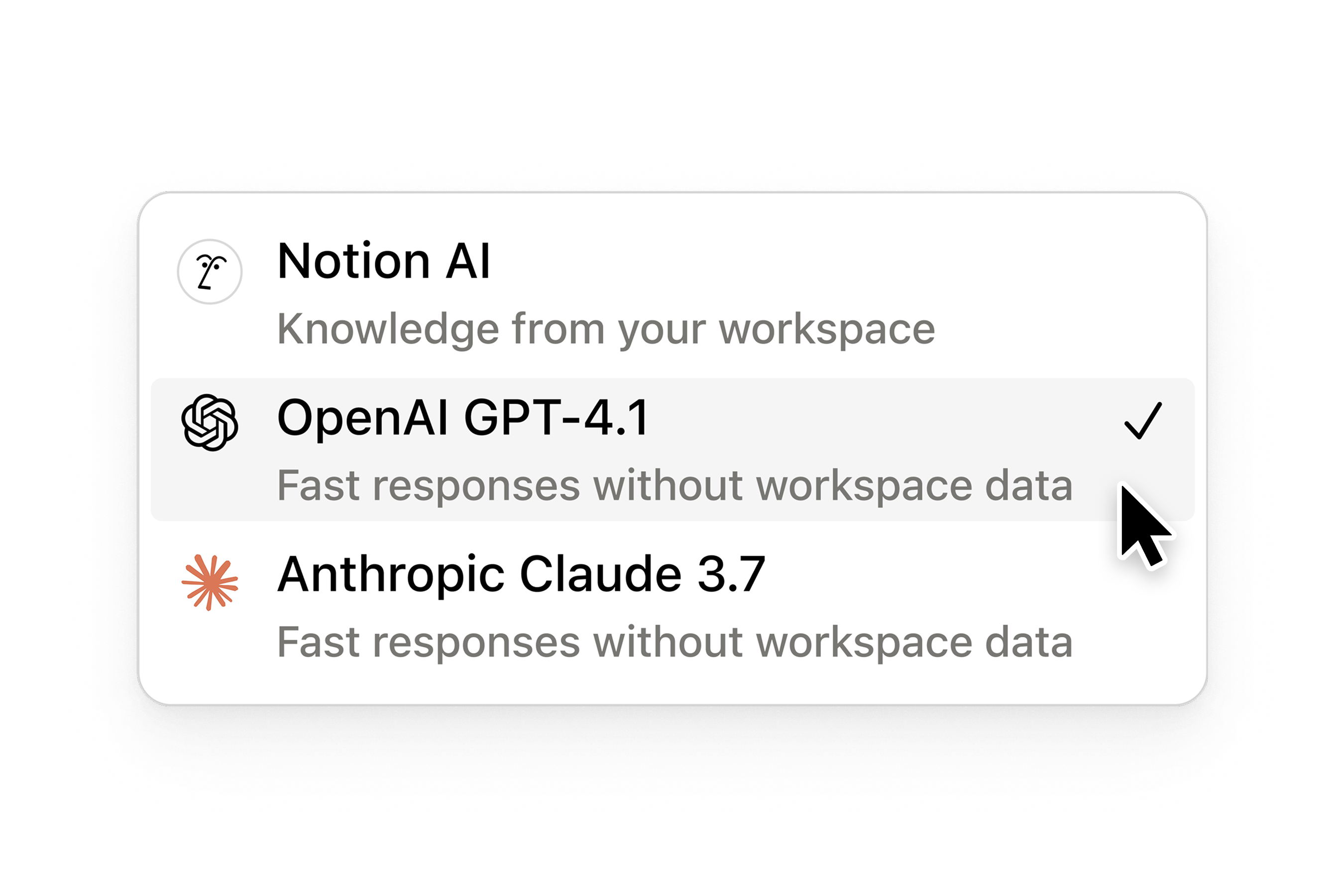 Official Notion model picker graphic listing Notion AI, OpenAI GPT-4.1 with a checkmark and Anthropic Claude 3.7