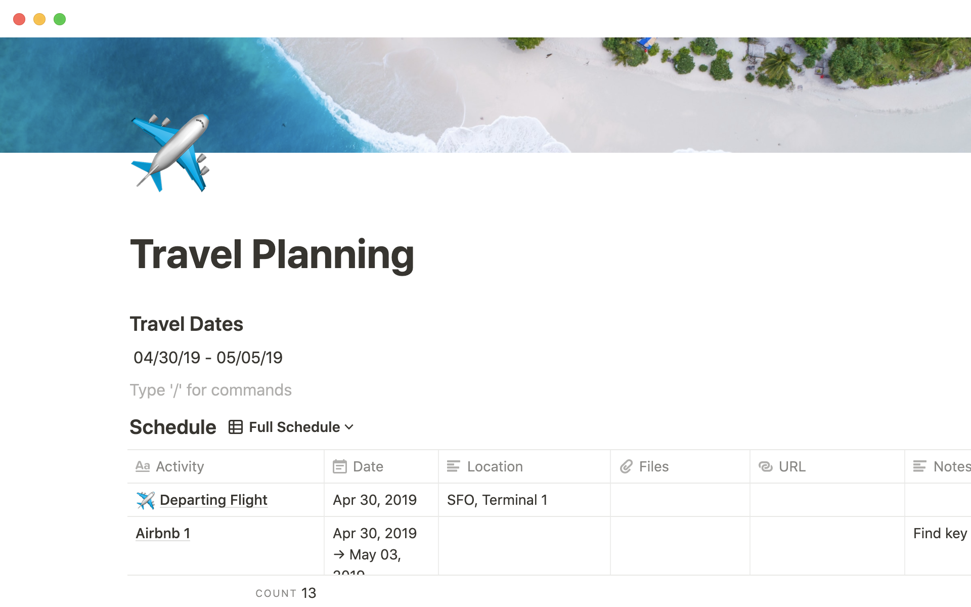 Notion Template Gallery Travel planning