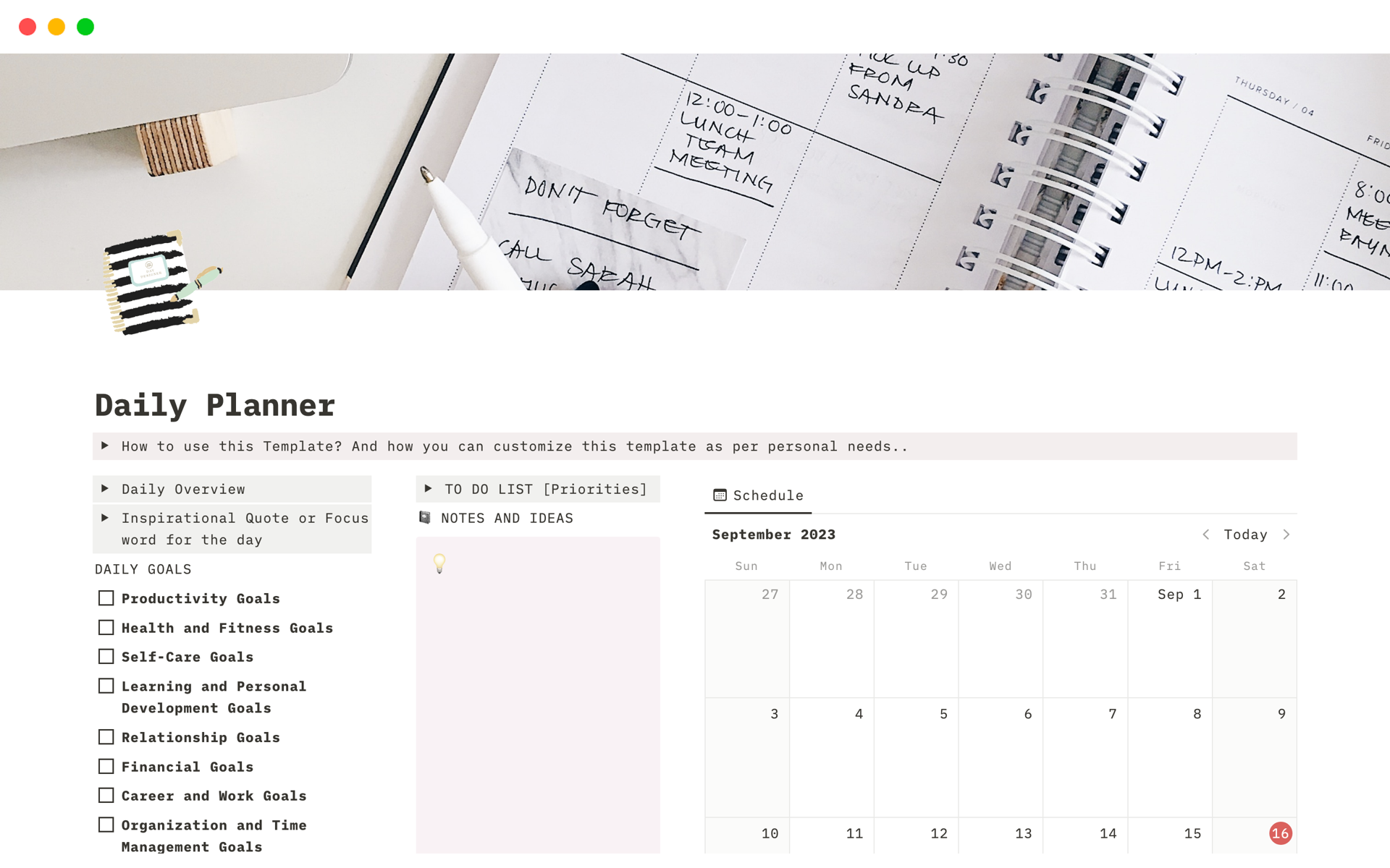 Daily Planner  Notion Template