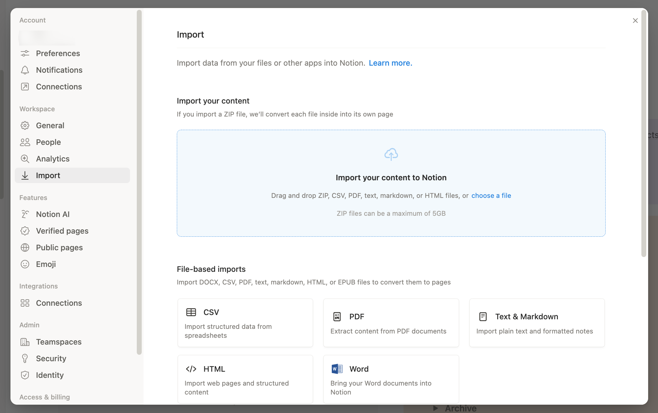 Notion’s published import interface. Image from the official import guide; source reviewed 7 September 2026.