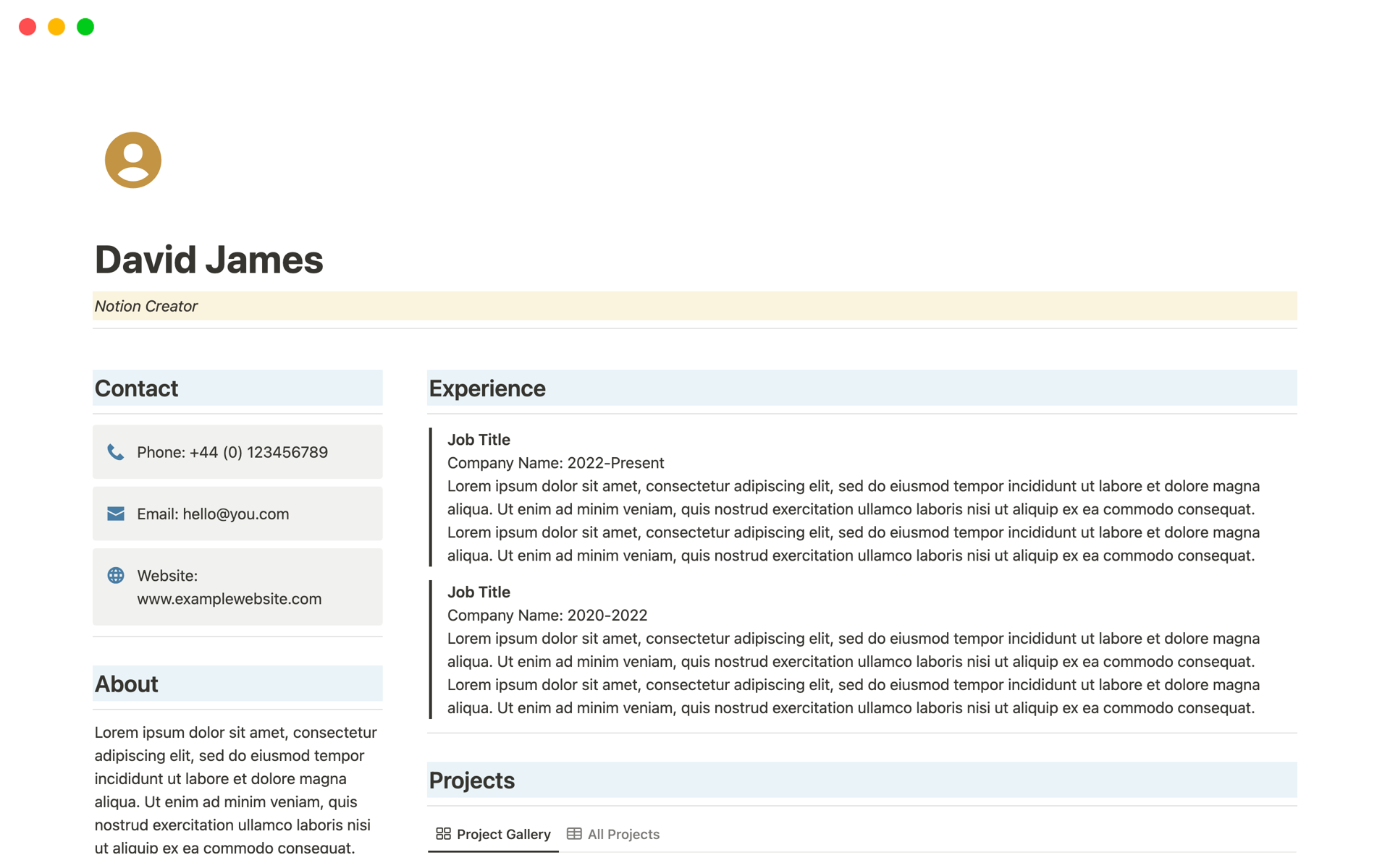 John Doe's CV  Notion Template