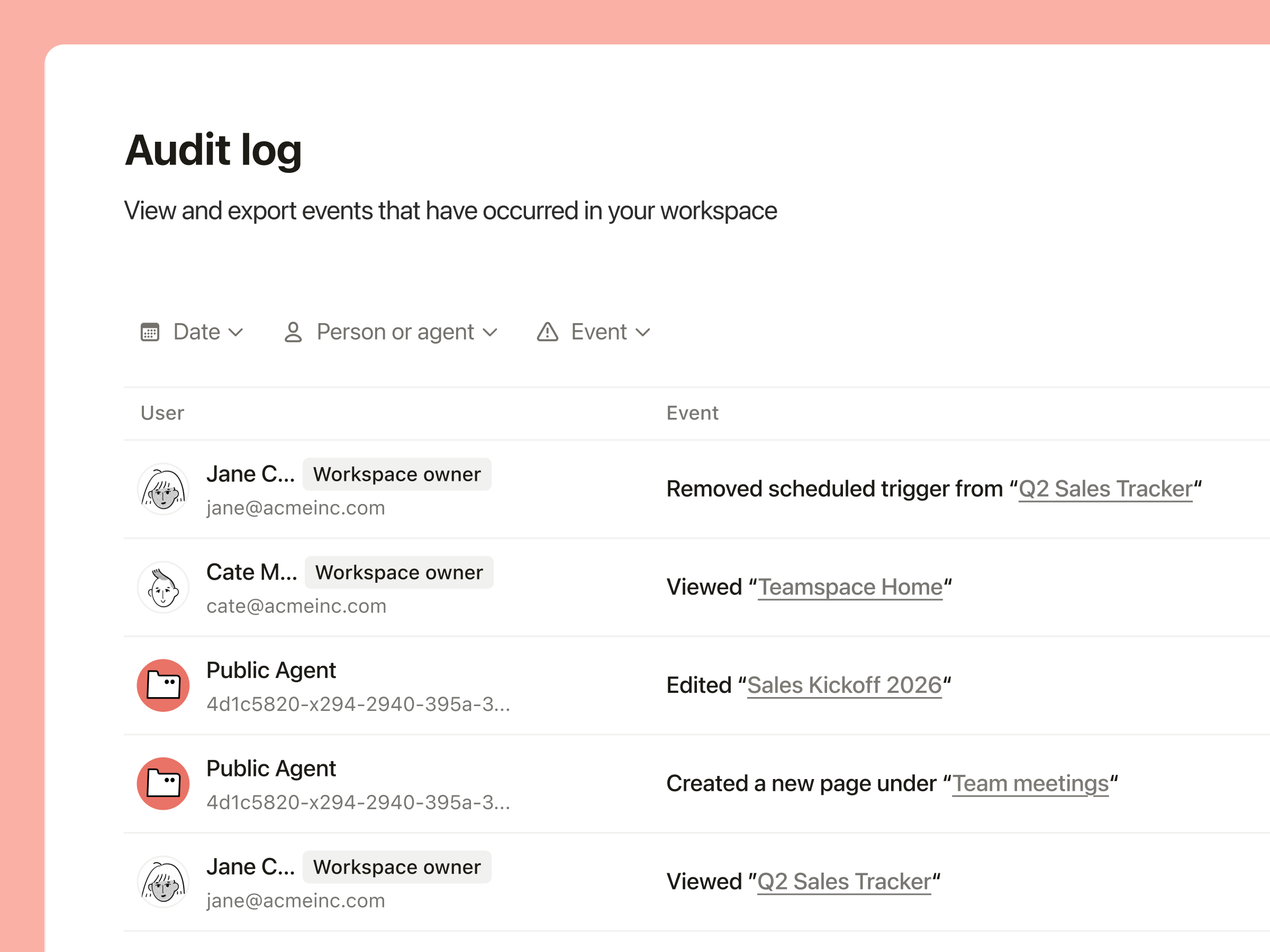 A Notion product screenshot showing a visible log of agent activity and actions.