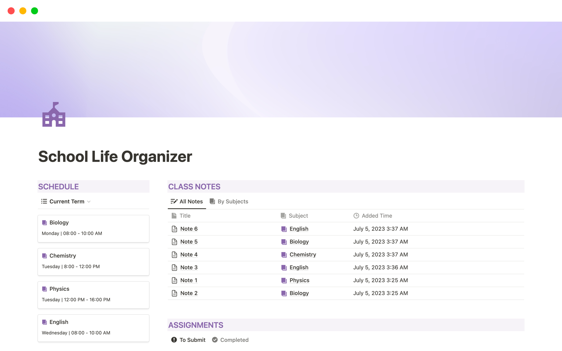 Simple Homework Organizer - Weekly Homework Planner