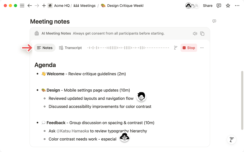 Notion AI Meeting Notes 正在录音并在 Notes 与 Transcript 间切换的实际协作界面
