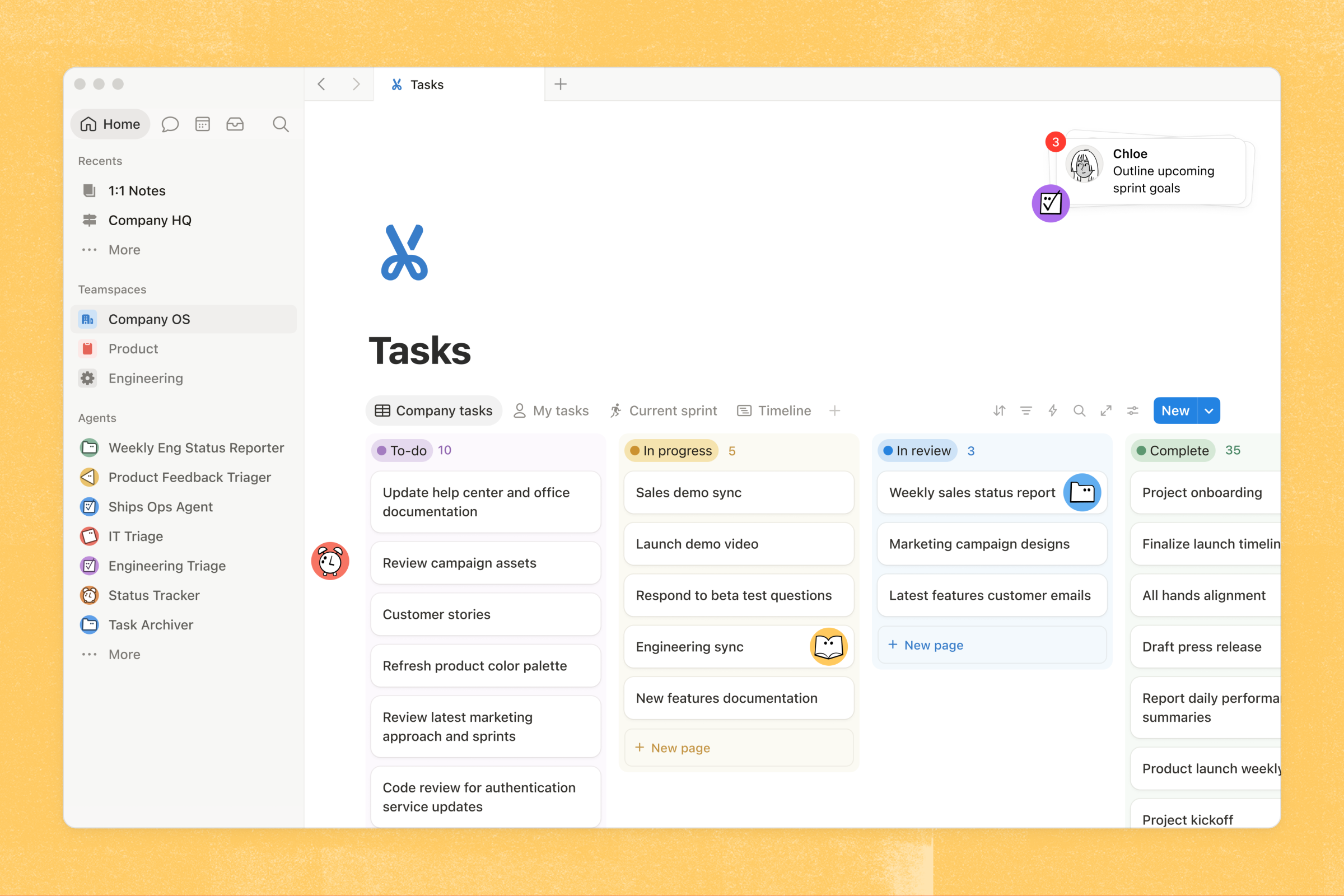 Notion workspace illustrating multiple custom agents and automated task workflows in the product interface.
