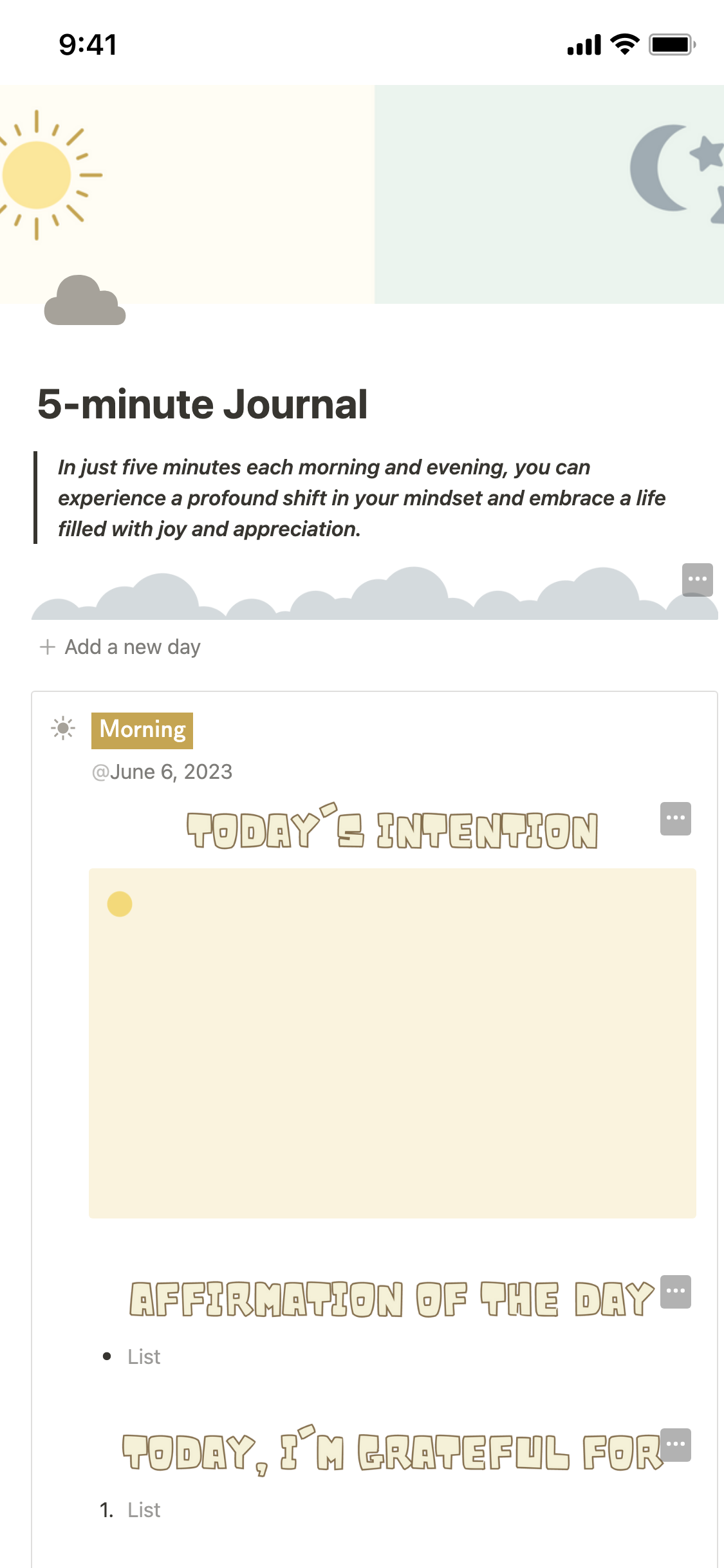 The five minute journal template, showing the questions asked in