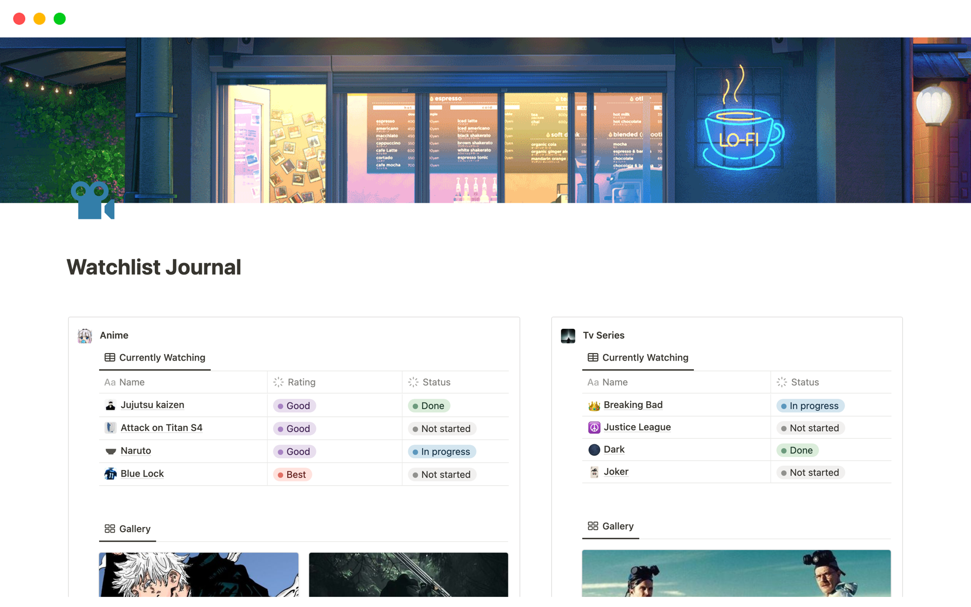 FREE, Watchlist Notion Template, Anime, TV & Movie Tracker