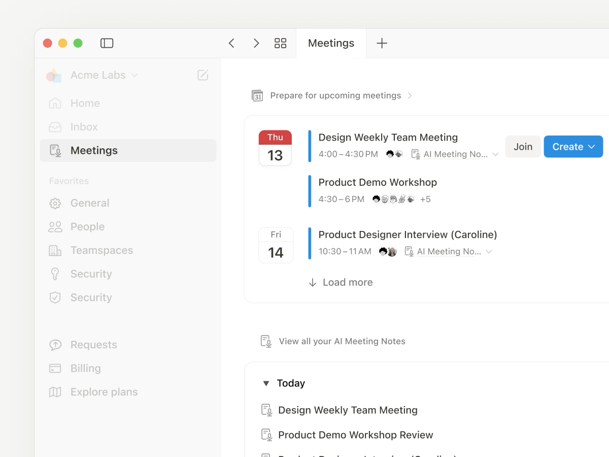 AI Meeting Notes new home in the sidebar